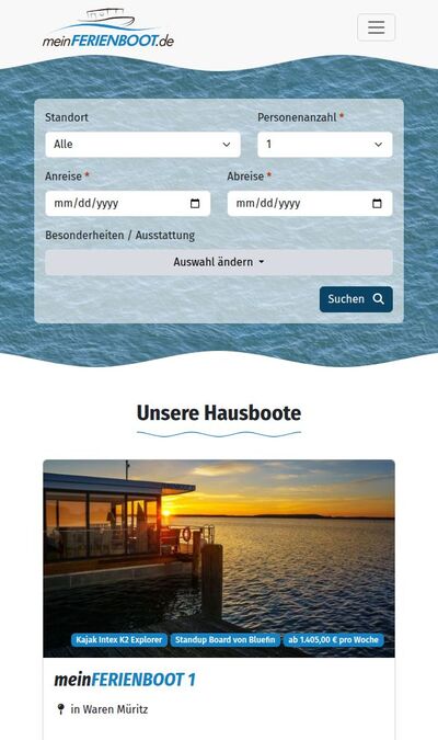 Bildschirmfoto der mobilen Ansicht des Projekts „meinFERIENBOOT - Erholung in Schwimmhäusern und fahrenden Hausbooten“