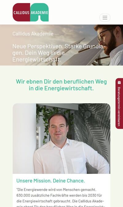 Bildschirmfoto der mobilen Ansicht des Projekts „Callidus Akademie - Neue Perspektiven. Starke Grundlagen. Dein Weg in die Energiewirtschaft.“