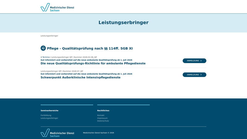 Bildschirmfoto des Projekts „Seminarportal des Medizinischen Dienst Sachsen“