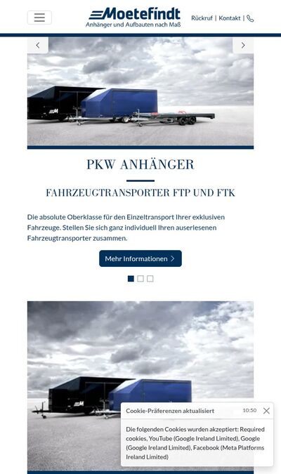 Bildschirmfoto der mobilen Ansicht des Projekts „Moetefindt - Anhänger und Aufbauten nach Maß“