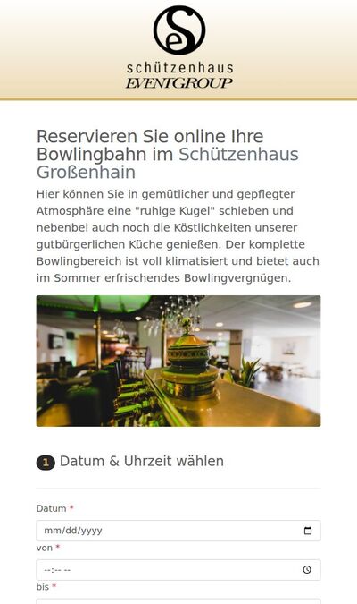Bildschirmfoto der mobilen Ansicht des Projekts „Online Bowlingreservierung schützenhaus EVENTGROUP“