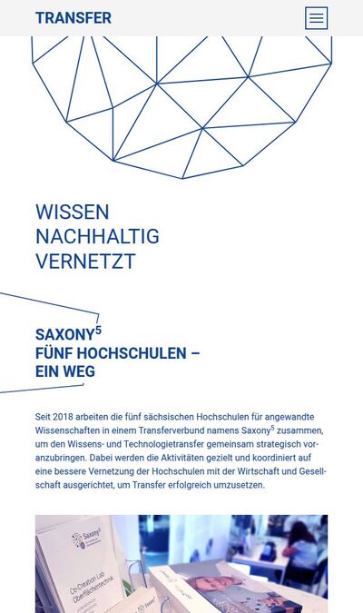 Bildschirmfoto der mobilen Ansicht des Projekts „Saxony⁵ – 5 Hochschulen – 5 Jahre – Ein Weg“