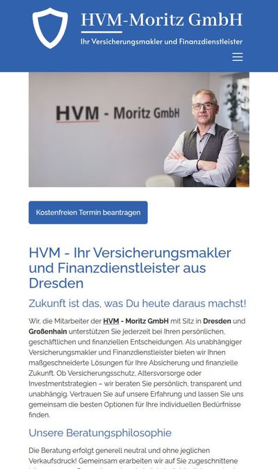 Bildschirmfoto der mobilen Ansicht des Projekts „HVM - Moritz GmbH“