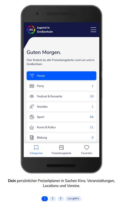 Bildschirmfoto der mobilen Ansicht des Projekts „Freizeitplaner „Jugend in Großenhain (JiG)““