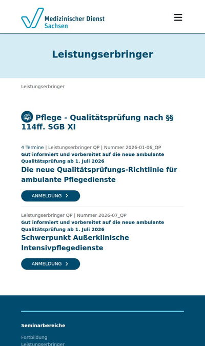 Bildschirmfoto der mobilen Ansicht des Projekts „Seminarportal des Medizinischen Dienst Sachsen“