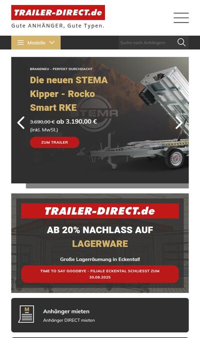 Bildschirmfoto der mobilen Ansicht des Projekts „Trailer-Direct - Gute Anhänger, gute Typen“