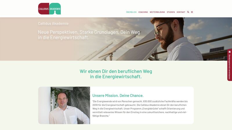 Bildschirmfoto des Projekts „Callidus Akademie - Neue Perspektiven. Starke Grundlagen. Dein Weg in die Energiewirtschaft.“