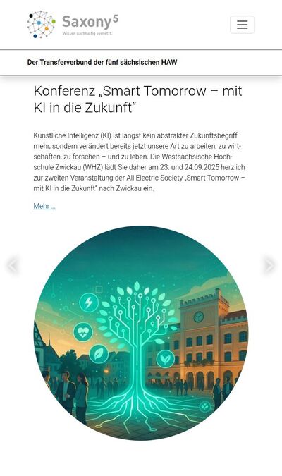 Bildschirmfoto der mobilen Ansicht des Projekts „Saxony⁵ – Wissen nachhaltig vernetzt.“