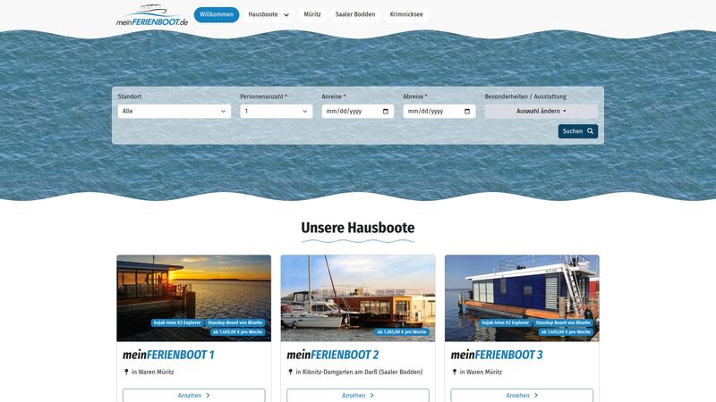 Bildschirmfoto des Projekts „meinFERIENBOOT - Erholung in Schwimmhäusern und fahrenden Hausbooten“