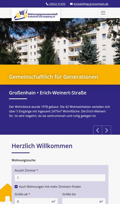 Bildschirmfoto der mobilen Ansicht des Projekts „Wohnungsgenossenschaft Großenhain und Umgebung“